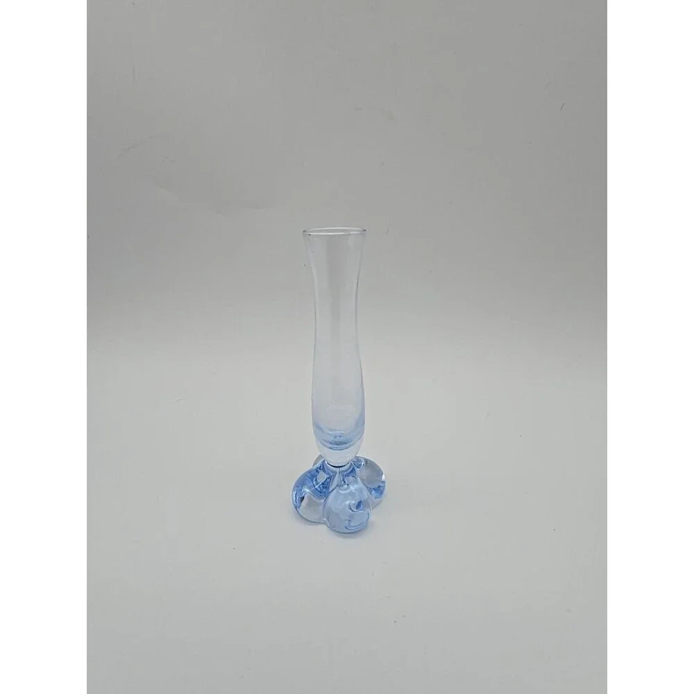 Vintage Art Glass Bud Vase Clover Foot Ice Blue Blown Glass